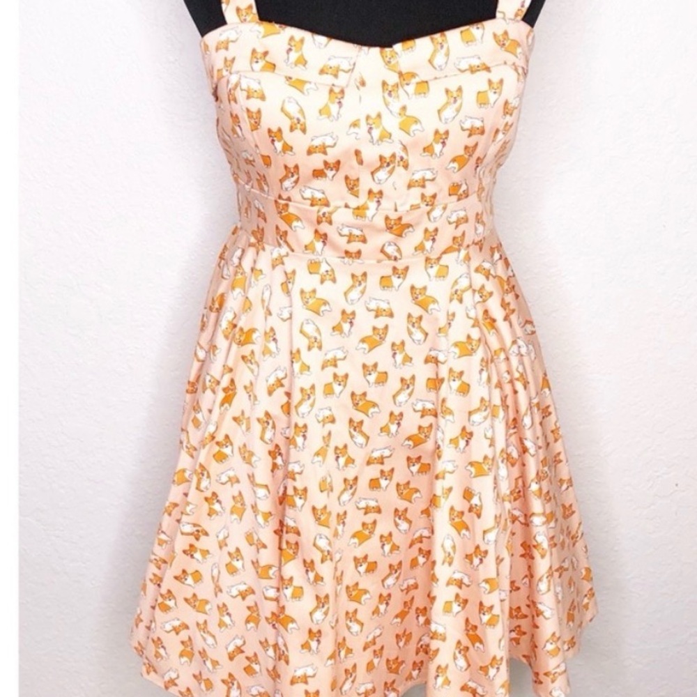 Dollz & Dames orange white corgi dog print retro fit flare dress size Large NWT